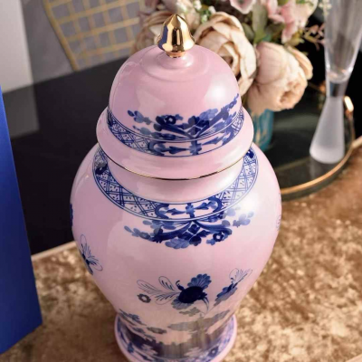 Ваза Ginori 38х11х20 см розовая с синим узором (17343)